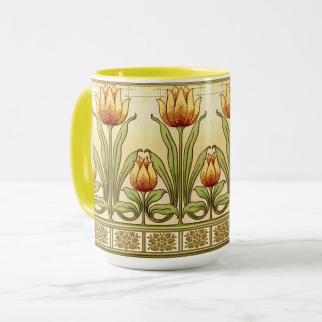 Vintage Art Nouveau Tulip Flower Pattern Frieze Tasse (Vorderseite Links)