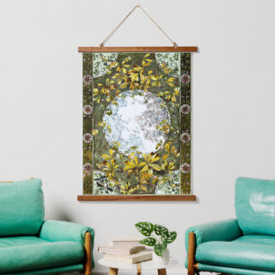 Vintage Art Nouveau Vögel und Blumen Wandteppich Mit Holzrahmen