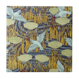 Vintage Art Nouveau Vogel- und Sumpf-Naturmuster Fliese