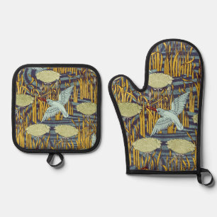 Vintage Art Nouveau Vogel- und Sumpf-Naturmuster Ofenhandschuh & Topflappen-Set