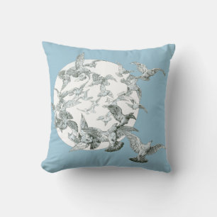 Vintage Art Nouveau Vogelschwarm mit Vollmond Kissen