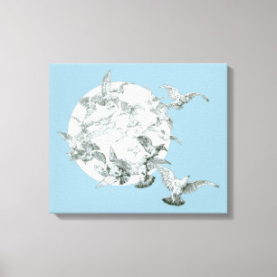 Vintage Art Nouveau Vogelschwarm mit Vollmond Leinwanddruck