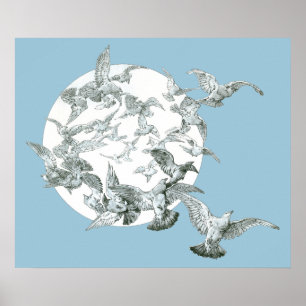 Vintage Art Nouveau - Vogelschwarm mit Vollmond Poster