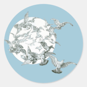 Vintage Art Nouveau Vogelschwarm mit Vollmond Runder Aufkleber