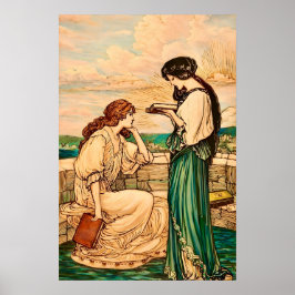 Vintage Art Nouveau Women Reading by the Sea Poster