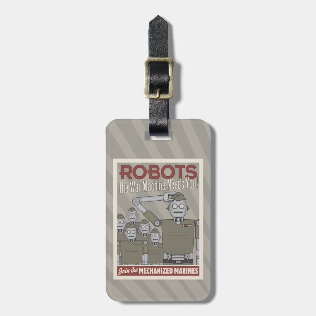 Vintage Art-Roboter-Militär-Propaganda Gepäckanhänger (Vorderseite vertikal)