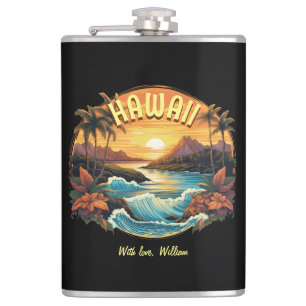 Vintage Art Sonnenuntergang am Hawaii-Strand Berge Flachmann
