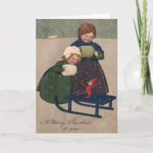 Vintage Art Weihnachten Zwei Mädchen und ein Elf