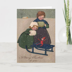 Vintage Art Weihnachten Zwei Mädchen und ein Elf