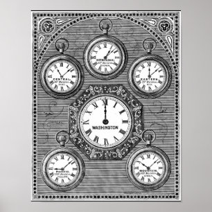 Vintage Art Weltuhren Zeitzonen - Wandposter Poster