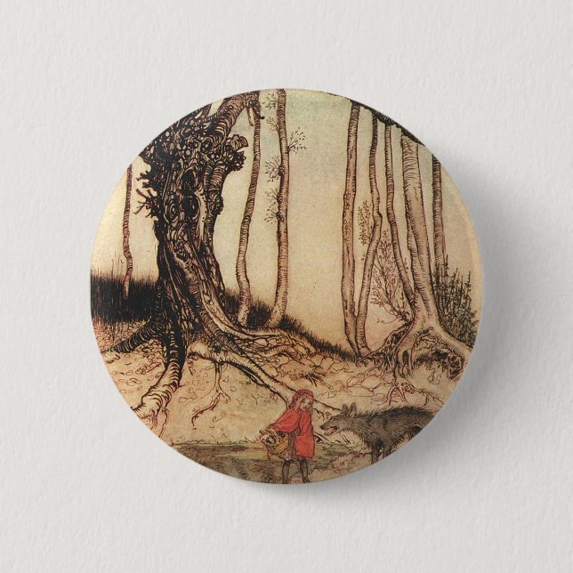 Vintage-Arthur-Rackham-Druck Rotkäppchen und Wolf Button (Vorderseite)
