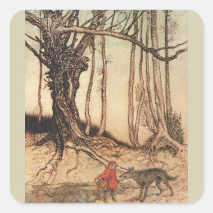 Vintage-Arthur-Rackham-Rotkäppchen-und-Wolf-Druck Quadratischer Aufkleber