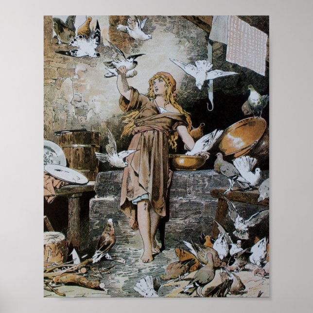 Vintage Aschenputtel Fütternd Vögel Poster (Vorne)