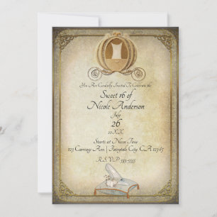 Vintage-Aschenputtel-Kutsche & Schuh Sweet 16 Einladung