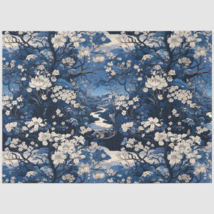 Vintage asiatische Inspirierte dunkelblaue und wei Seidenpapier