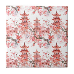 Vintage asiatische Pagode rosa Blüten Landschaftsk Fliese