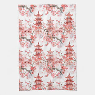 Vintage asiatische Pagode rosa Blüten Landschaftsk Geschirrtuch
