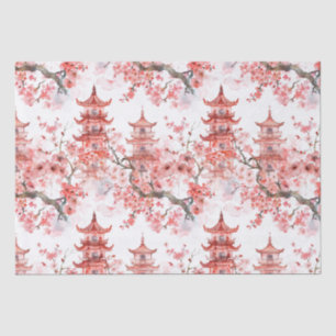 Vintage asiatische Pagode rosa Blüten Landschaftsk Seidenpapier