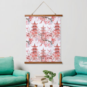 Vintage asiatische Pagode rosa Blüten Landschaftsk Wandteppich Mit Holzrahmen