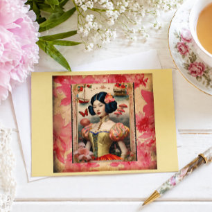 Vintage Asiatisches Porträt Floral Romantisch Postkarte