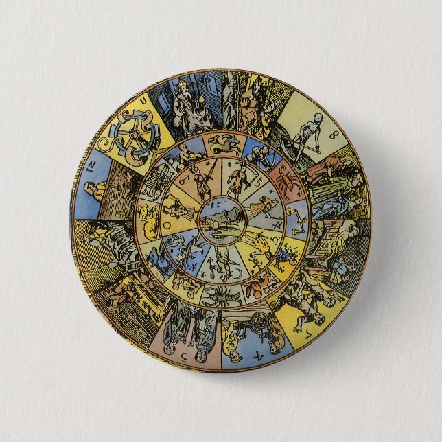 Vintage Astrologie, Renaissance Zodiac Wheel, 1555 Button (Vorderseite)