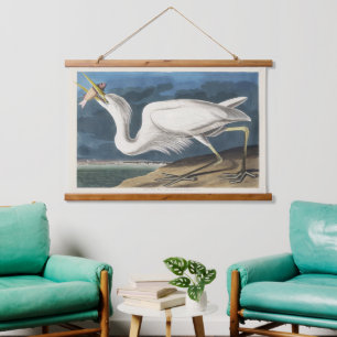 Vintage-Audubon-Großer-Weißer-Reiher-Vogel-Kunst Wandteppich Mit Holzrahmen