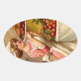 Vintage Aufkleber-Erntedank-Abendessen-Dame mit Ovaler Aufkleber