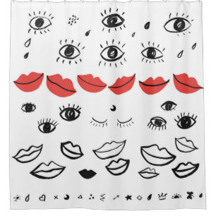 Vintage Augen, rote Lippen. Duschvorhang