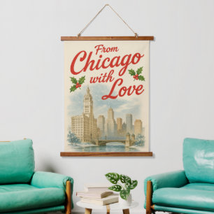 Vintage aus Chicago mit Liebe Holiday Wandteppich Mit Holzrahmen