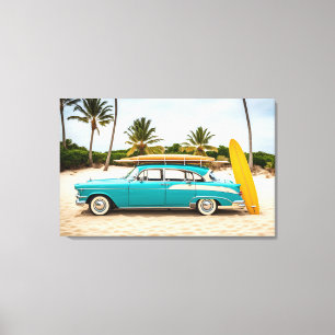 Vintage Auto am Strand mit Surfbrett Leinwanddruck