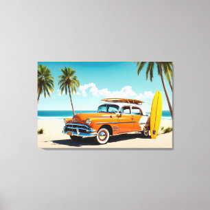 Vintage Auto am Strand mit Surfbrett Leinwanddruck
