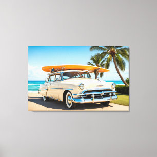 Vintage Auto am Strand mit Surfbrett Leinwanddruck