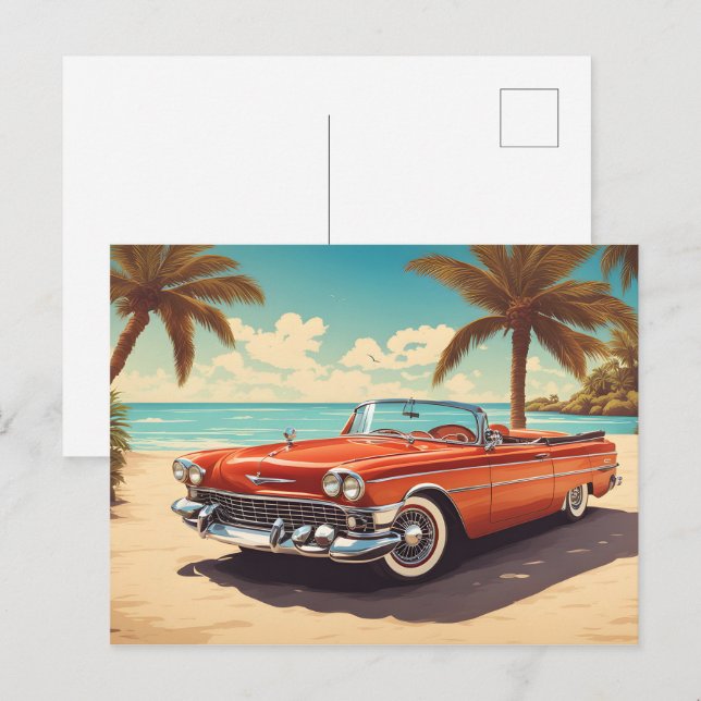 Vintage Auto am Strand mit Surfbrett Postkarte (Vorne/Hinten)