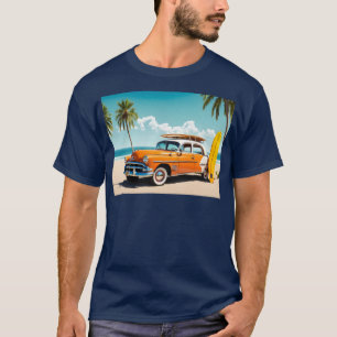 Vintage Auto am Strand mit Surfbrett T-Shirt