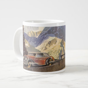 Vintage-Auto auf einer Bergstraße im Winter mit Sc Jumbo-Tasse