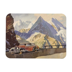 Vintage-Auto auf einer Bergstraße im Winter mit Sc Magnet