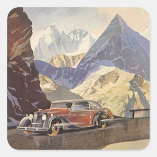 Vintage-Auto auf einer Bergstraße im Winter mit Sc Quadratischer Aufkleber