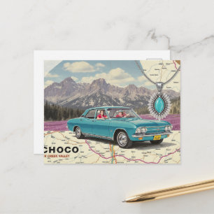 Vintage-Auto auf einer Landkartencollage Postkarte