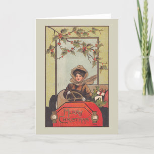 Vintage-Auto-Dame Frohe Weihnachten Stechpalme