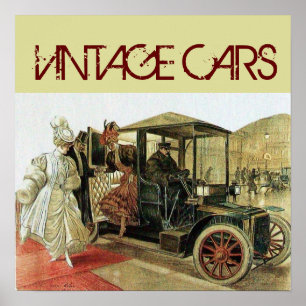 VINTAGE-AUTO MIT ELEGANTEN DAMEN KLASSISCHES AUTO POSTER