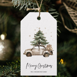Vintage Auto mit Weihnachtsbaum-Geschenk  Geschenkanhänger