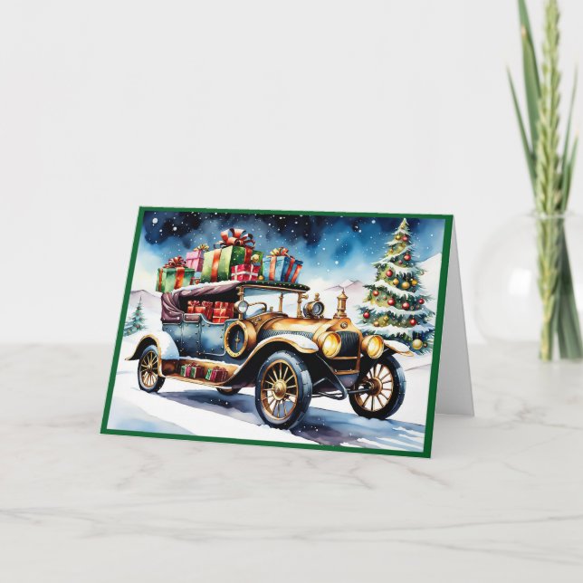 Vintage Auto mit Weihnachtsgeschenken Feiertagskarte (Vorderseite)