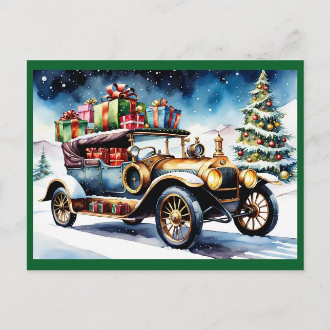 Vintage Auto mit Weihnachtsgeschenken Feiertagspostkarte (Vorderseite)