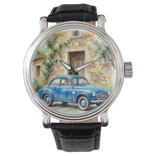 Vintage Auto neben einem steinernen Cottage Armbanduhr