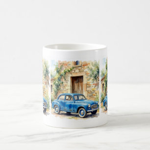 Vintage Auto neben einem steinernen Cottage Kaffeetasse