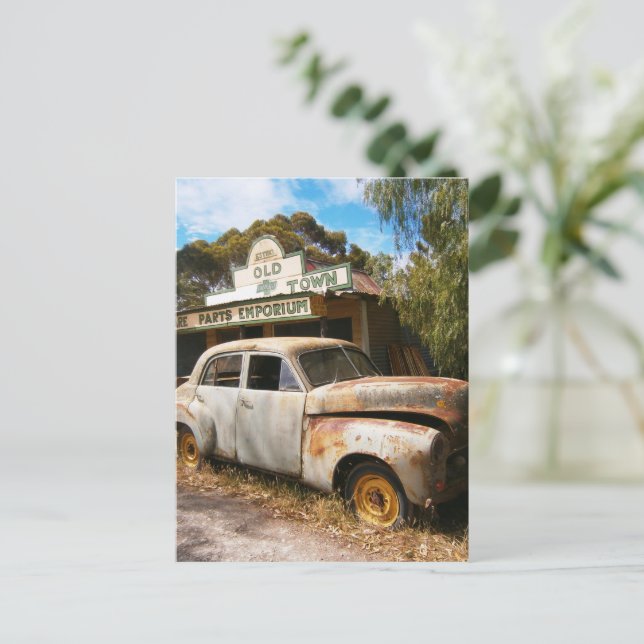 Vintage Auto und Garage, Postkarte (Stehend Vorderseite)