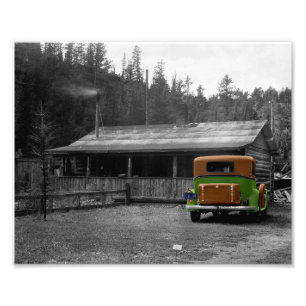 Vintage Auto und Hütte in Schwarz-Weiß Farbe Fotodruck