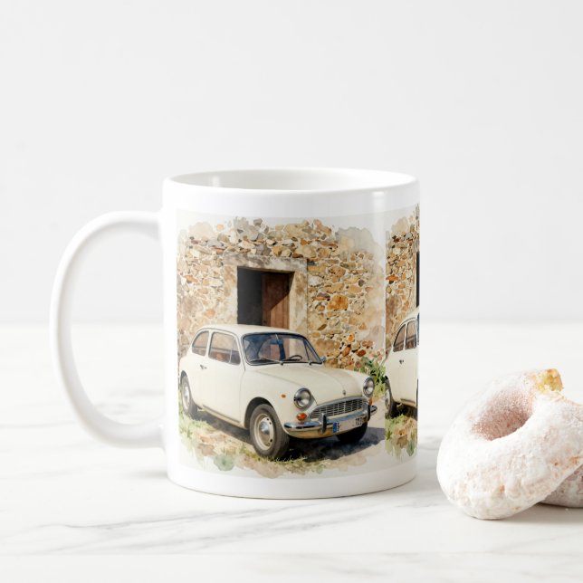Vintage Auto vor Steinbau Kaffeetasse (Mit Donut)