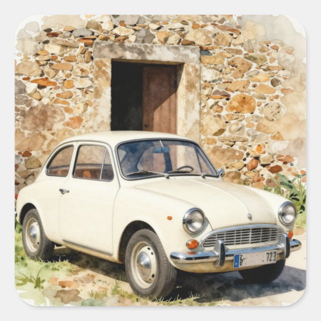 Vintage Auto vor Steinbau Quadratischer Aufkleber (Vorderseite)