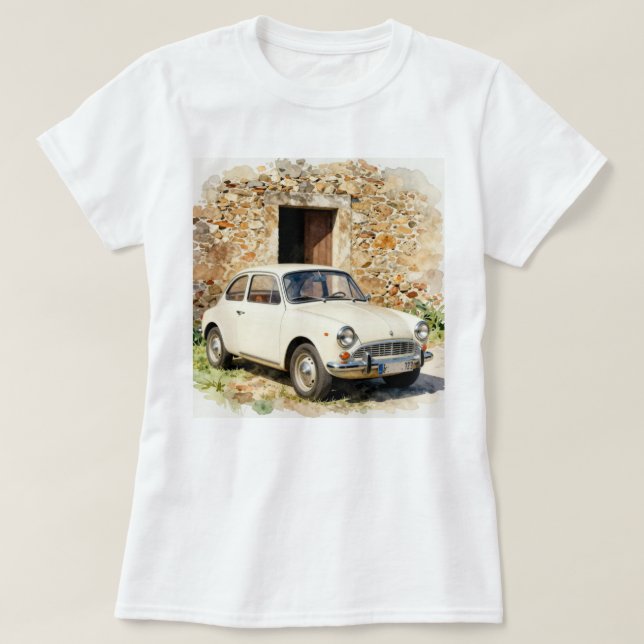 Vintage Auto vor Steinbau T-Shirt (Design vorne)